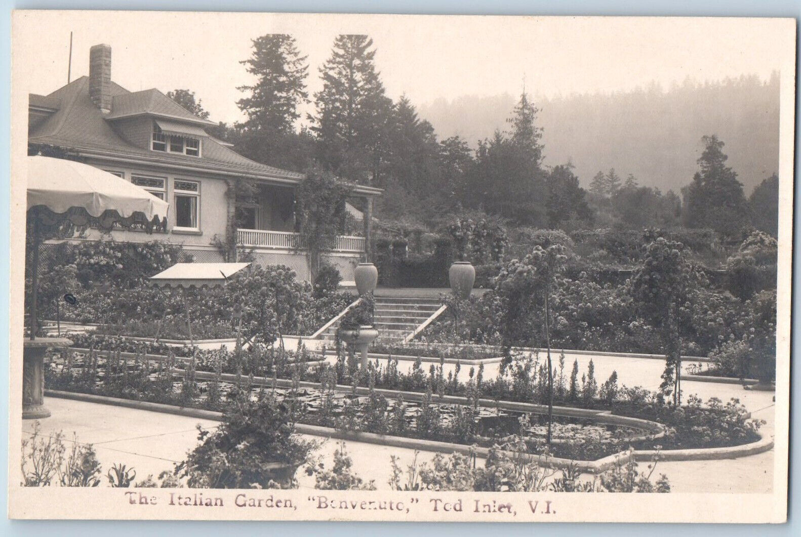 Tod Inlet Vancouver Canada Postcard Italian Garden Benvenuto c1940's RPPC Photo