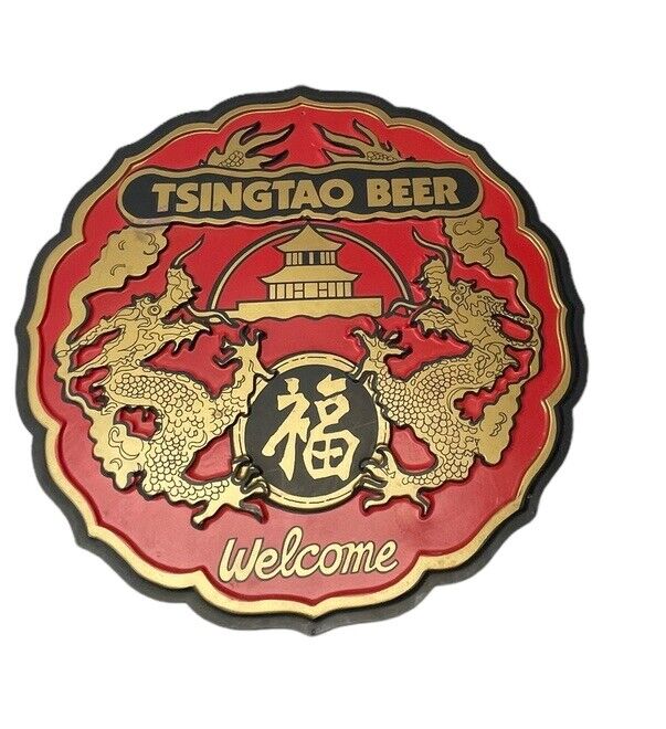Rare Tsingtao Beer Sign Bar Wall Decor Round Dragons Welcome Red Black Gold