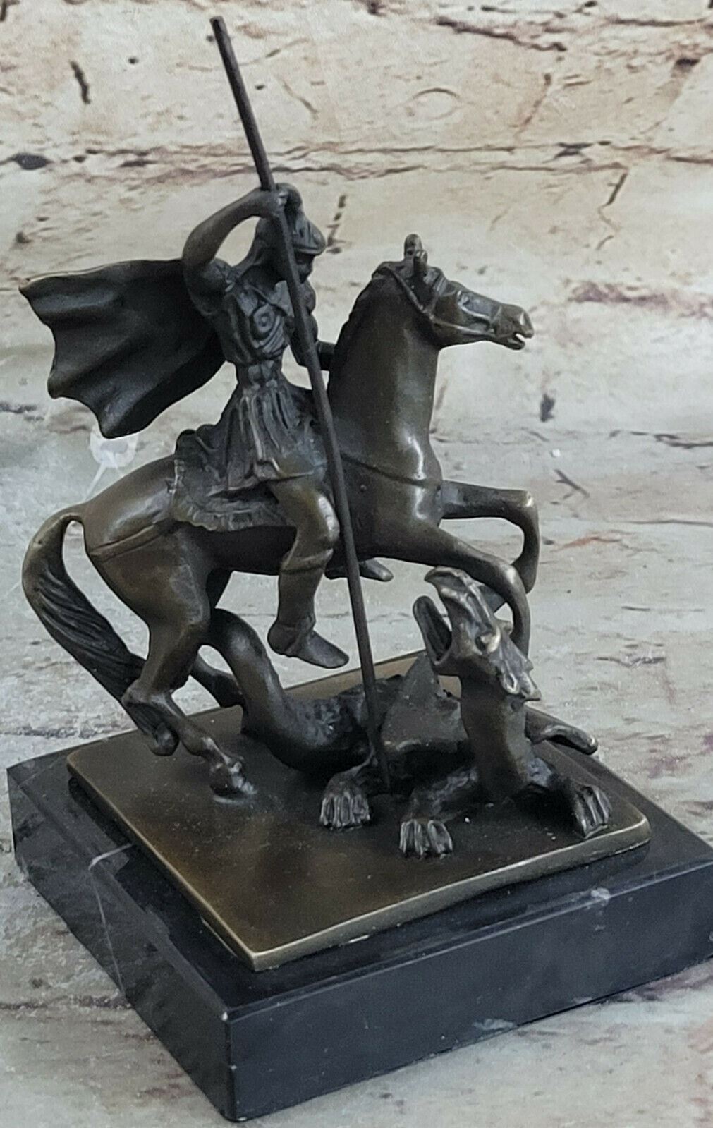 Sculpture Statue Signed Barye Legendary Saint George Killing a Dragon  Bronze
