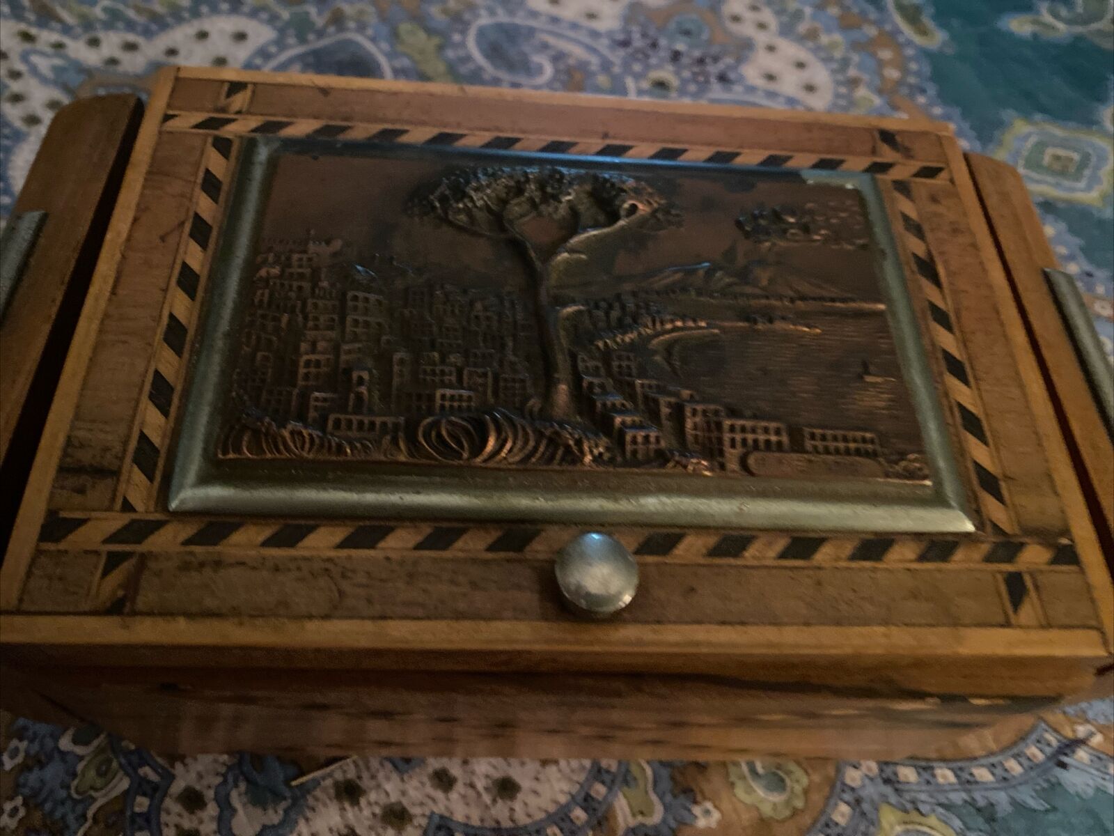 antique Ricordo Di Napoli marquetry wood bronze Copper? smoking cigarette box