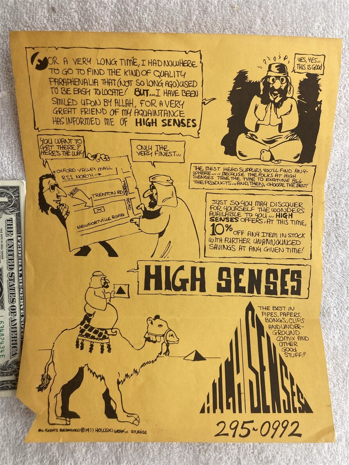 1977 High Senses Marijuana Pipes Store Flier Levittown Fairless Hills PA Vintage