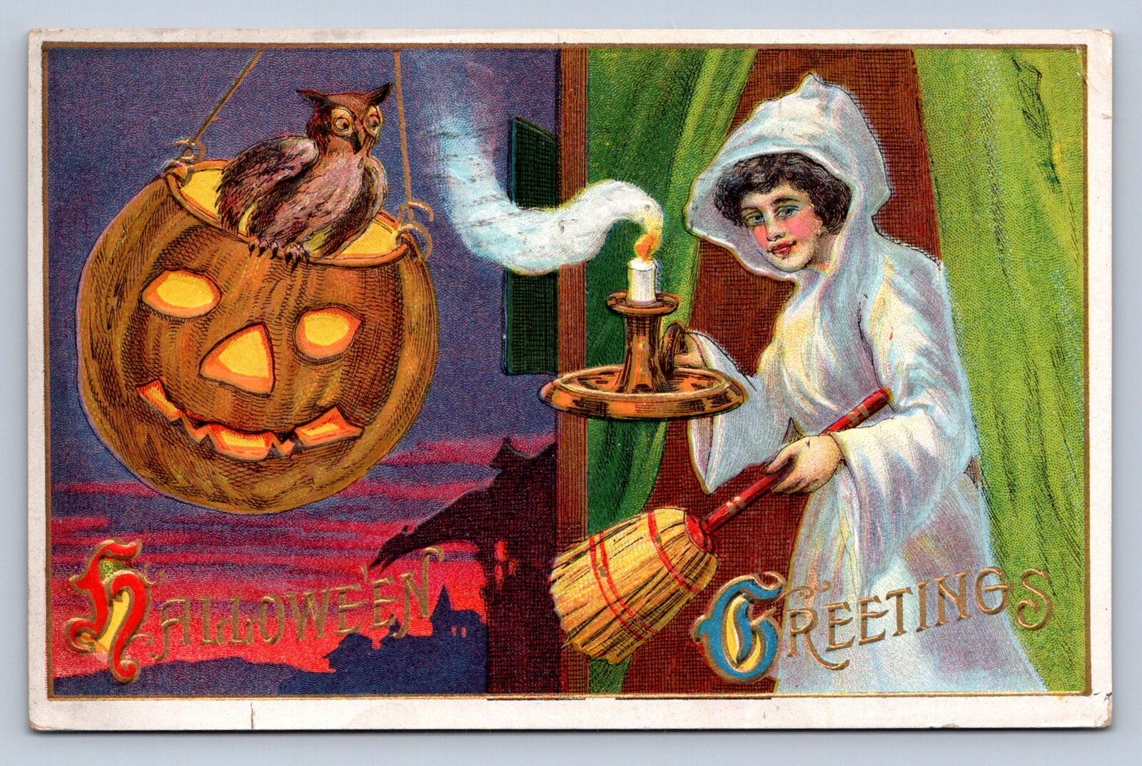 J99/ Halloween Postcard Holiday Greetings c1910 #116 Candle Owl Broom 485