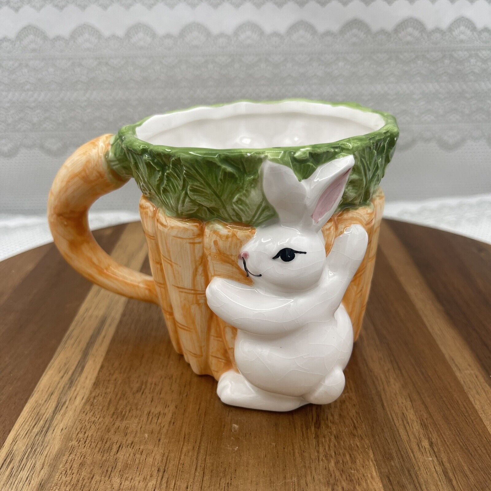 Vtg Enesco Corp. Taiwan Bunny Carrot Spring Easter 16oz Mug Majolica Style
