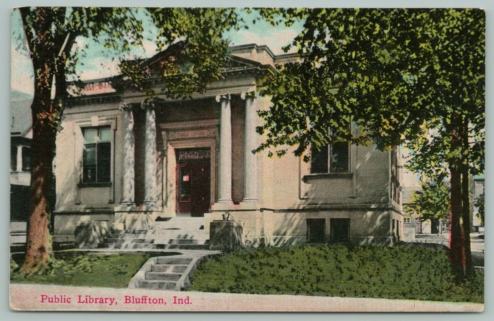 Bluffton Indiana~Public Library~Columns~Postcard~c1910
