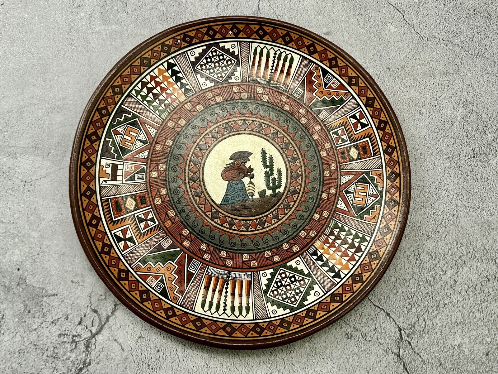 Vintage Hanging Cusco Peru Decorative Plate Folk Art Pottery Clay Handmade ~10”