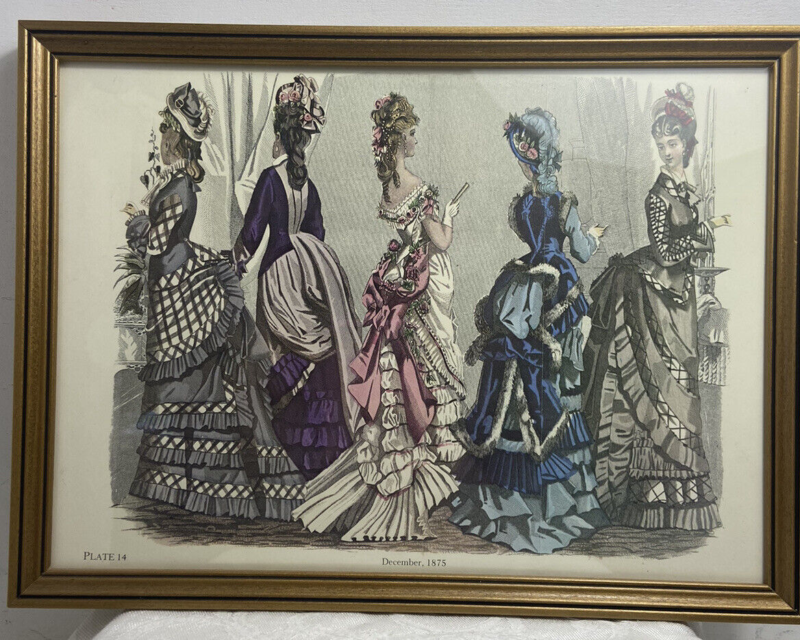 vtg antique framed Fashion Print December 1875 plate 14 victorian dresses 12x9