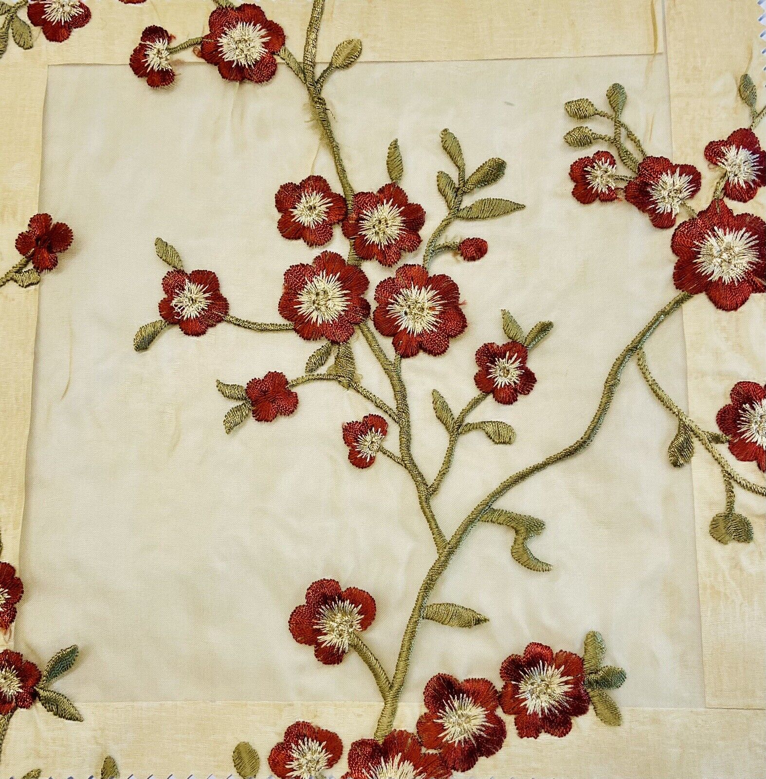 Vintage Designer Embroidered Silk Red Cherry Blossom Organza Fabric