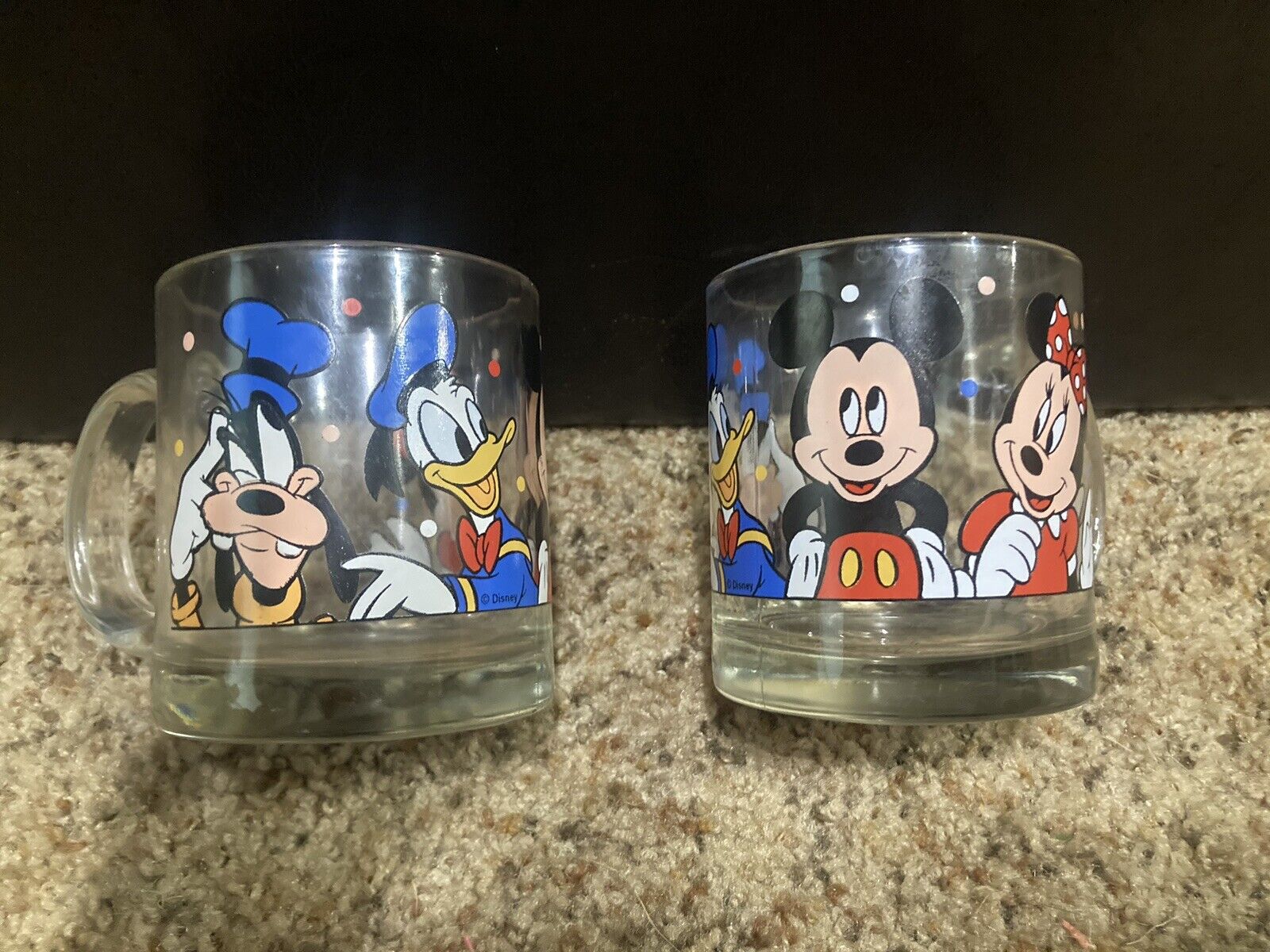 Vintage Disney Mickie, Minnie, Donald & Goofy Glass Coffee Mugs