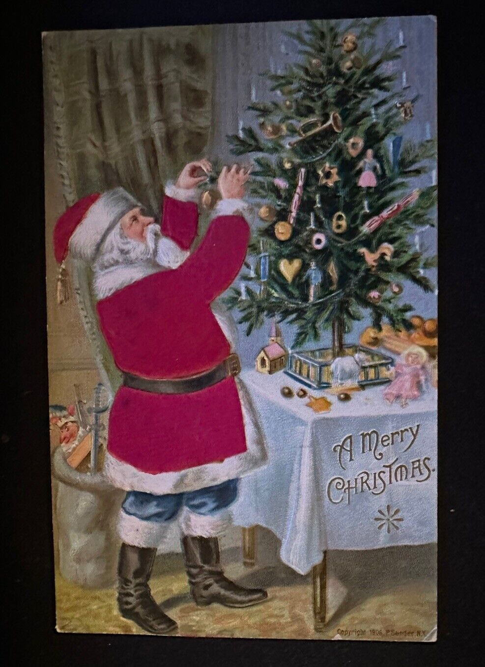 Silk Santa Claus Decorates Tree~Toys~Antique Christmas Postcard~h855