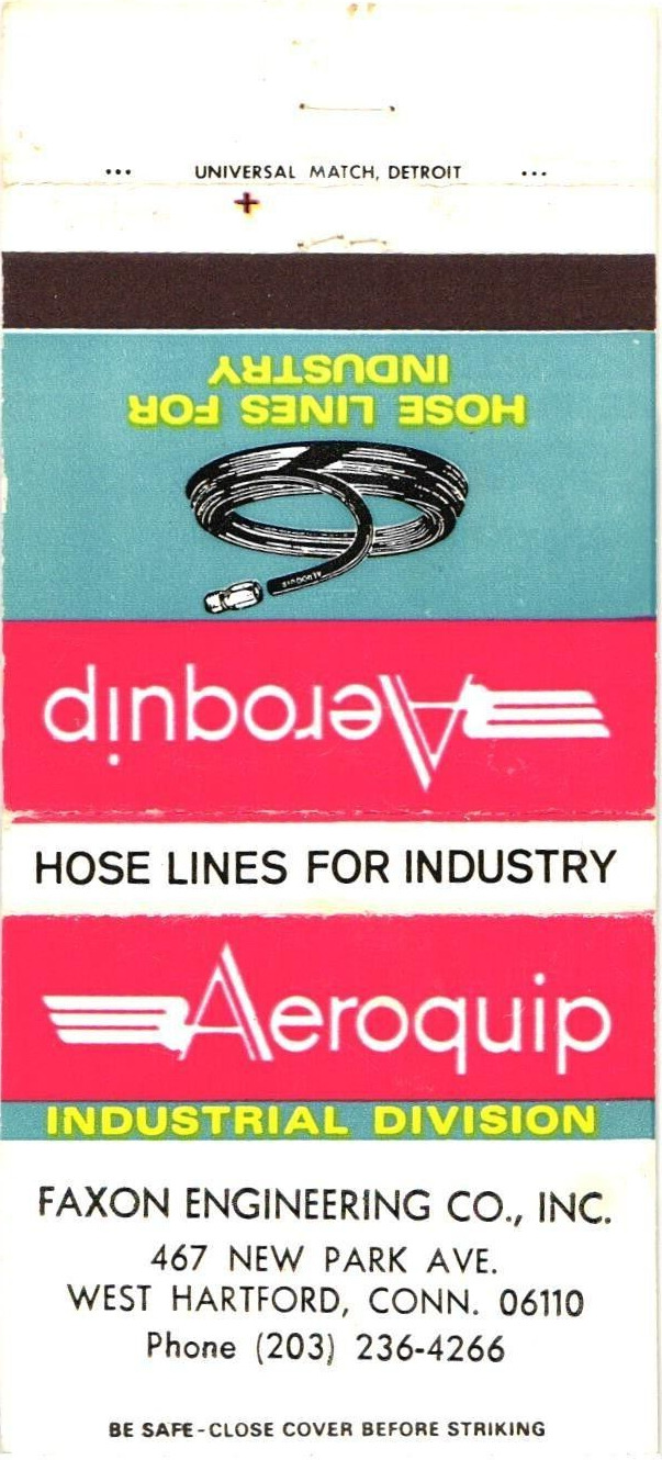 West Hartford Conn Faxon Engineering Co., Inc. Aeroquip Vintage Matchbook Cover