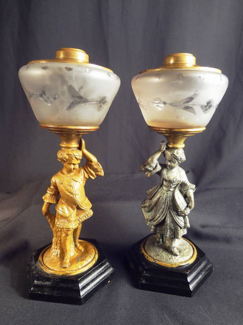 1870-80\'s B&H Pair of Full Figural Victorian Boy & Girl Kerosene Oil Stand Lamps