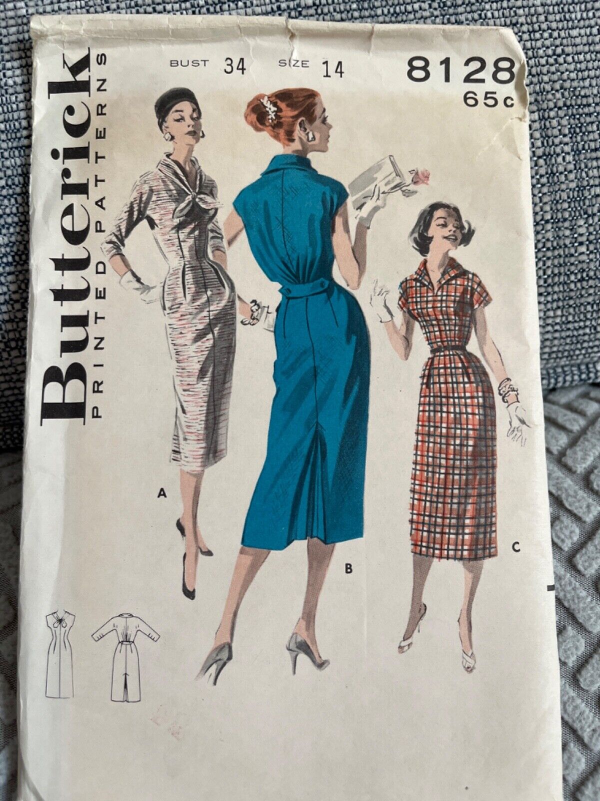 Vintage 1950\'s Butterick 8128 BACK-PLEATED DRESS Sewing Pattern Women Sz14 UNCUT