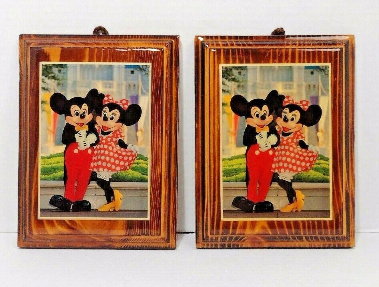 Lot of 2 Vintage Disney Mickey Minnie Wooden Pictures Laminate Hanging Photos