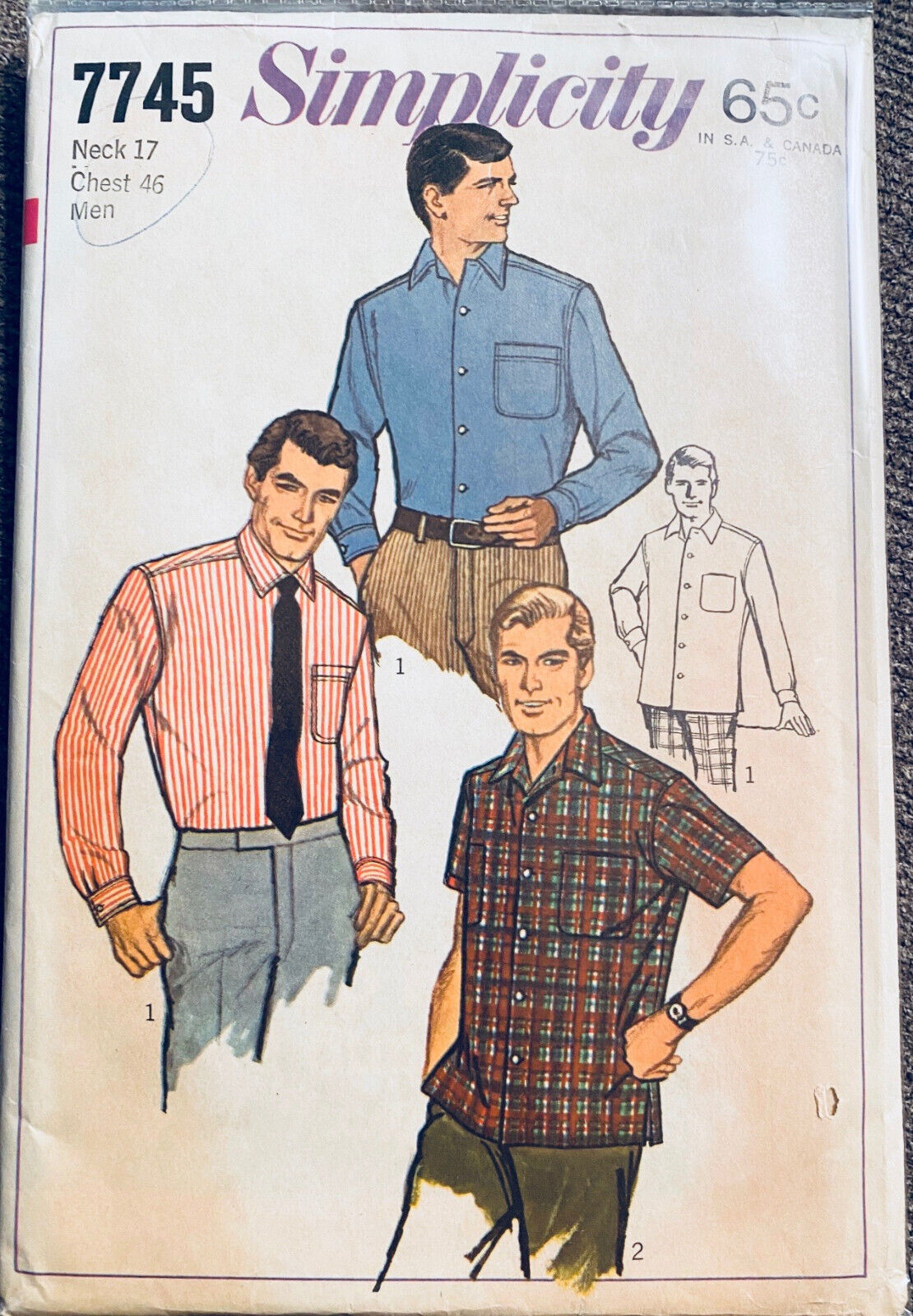 Vtg 1968 Simplicity Men\'s 2 Style Sleeve Casual/Dress Shirt Pattern Chest 46\