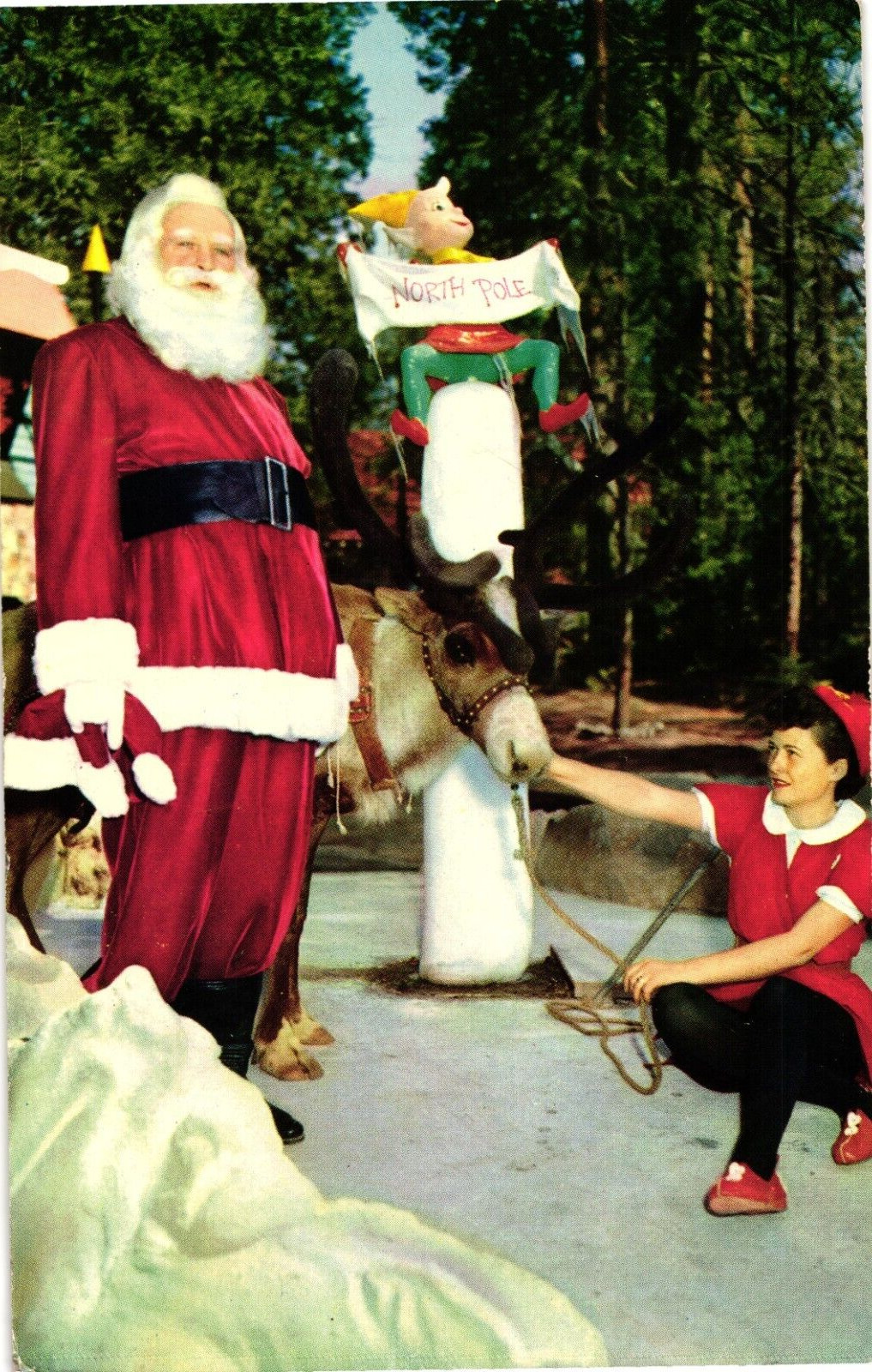 Santa\'s Village Santa Reindeer Elf Skyforest CA Chrome Postcard c1960