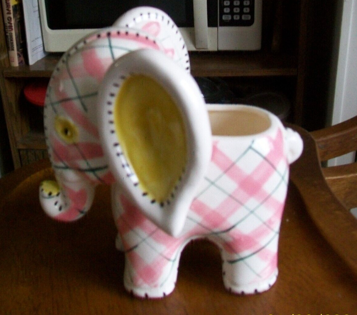 Vintage Japan Hand Painted Pink Yellow Plaid Baby elephant planter 6 in. Vase