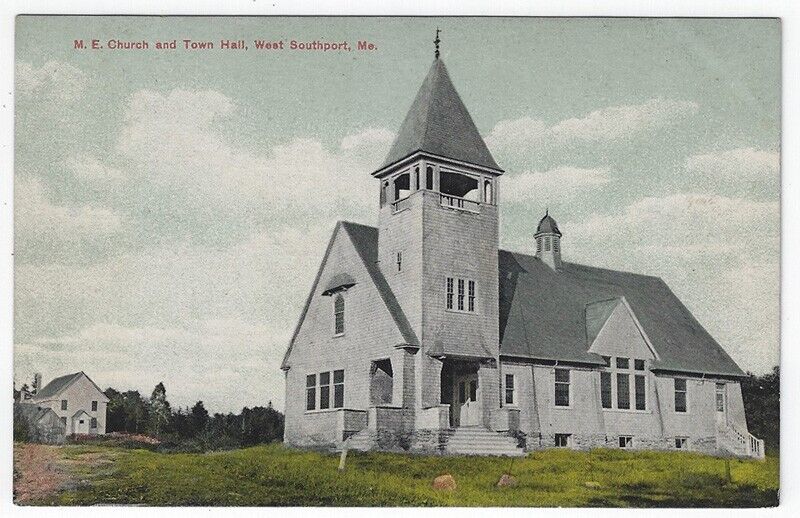 West Southport, Maine, Vintage Postcard View of M. E. Church and Town Hall