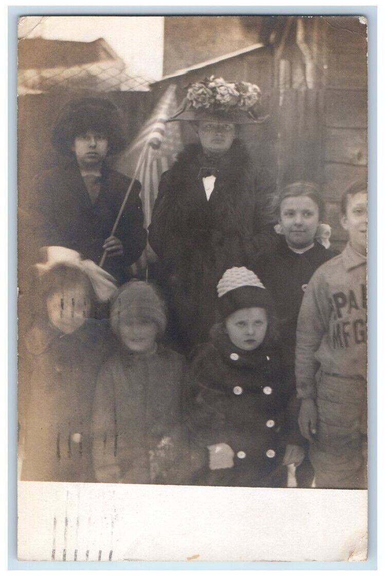 1911 Women Children Boys Girls Hat Flag Brooklyn NY RPPC Photo Posted Postcard