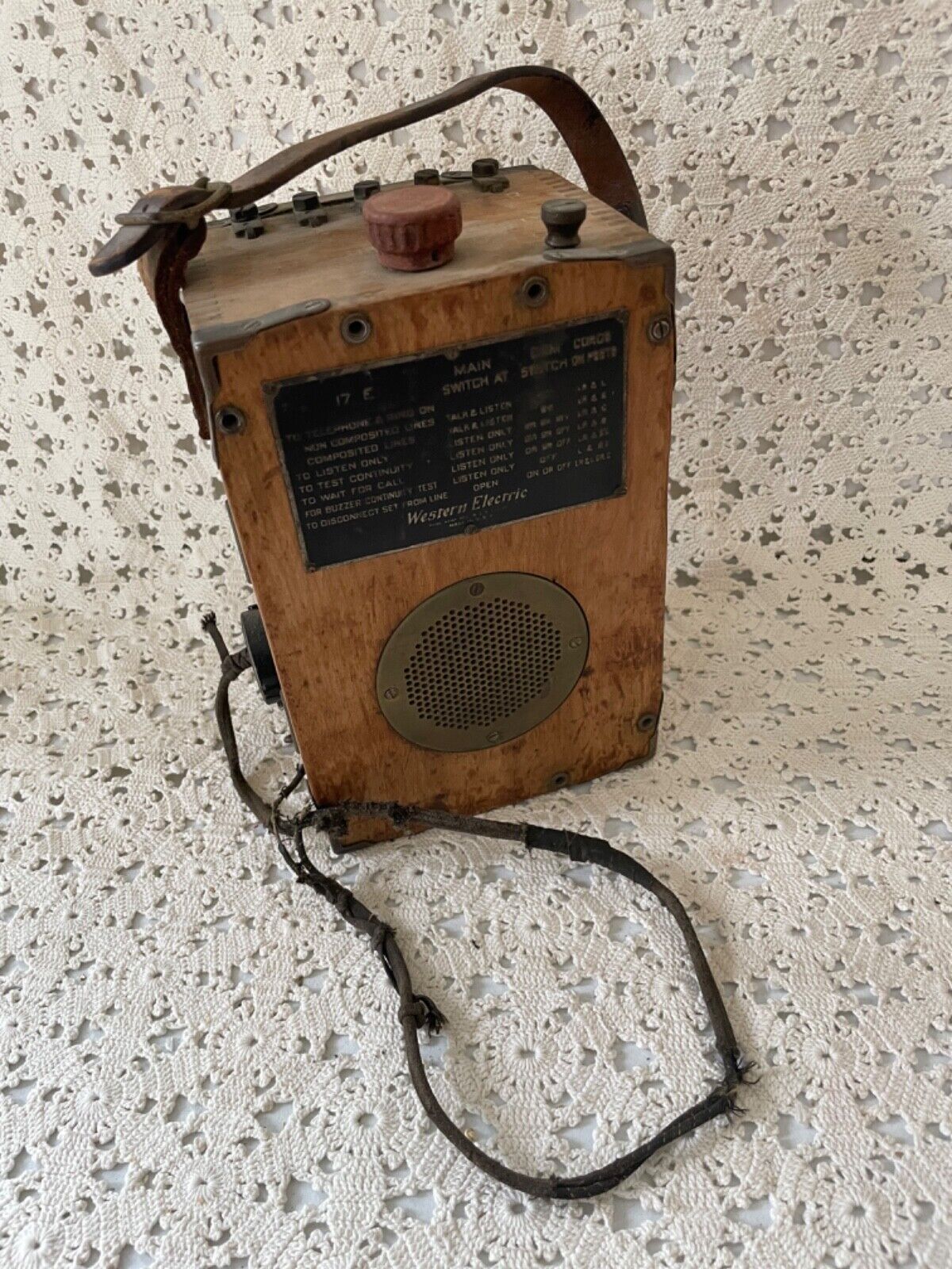 Vintage Wooden Western Electric Field Telephone w Leather Strap Lineman Tester