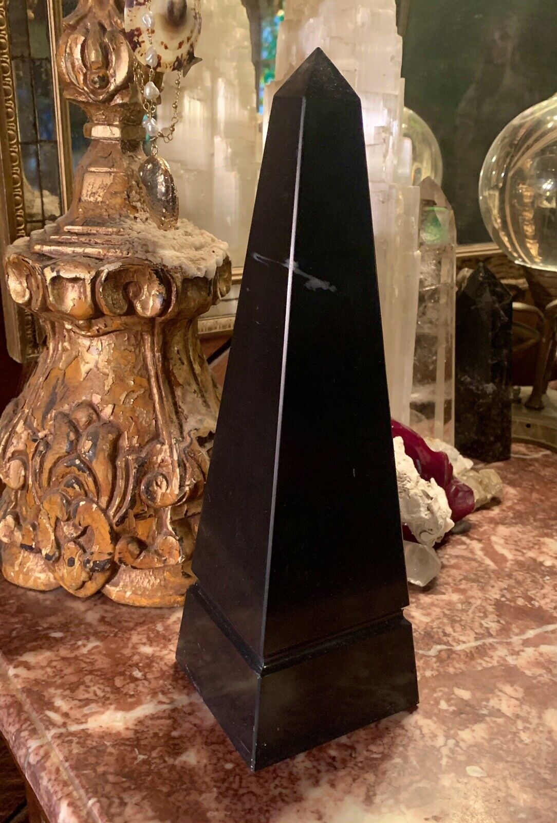Vintage black onyx marble obelisk art sculpture neoclassical traditonal