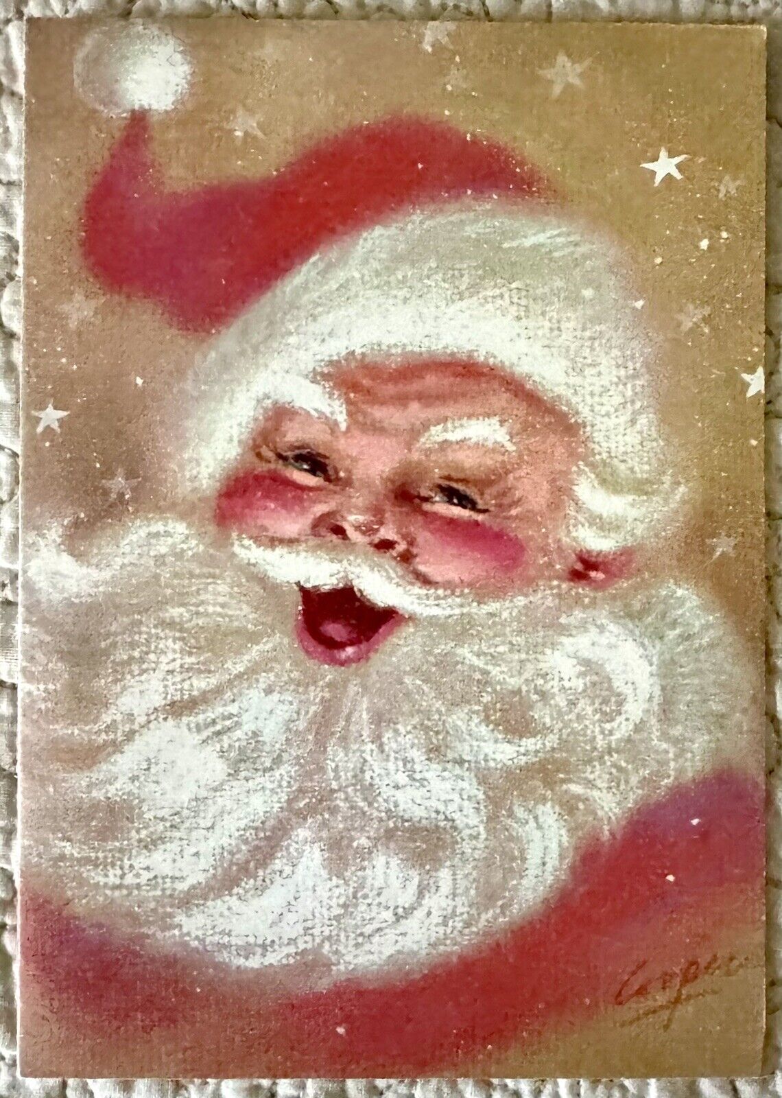 Unused Christmas Santa Face Jolly Marjorie Cooper Vtg Greeting Card 1960s 1970s