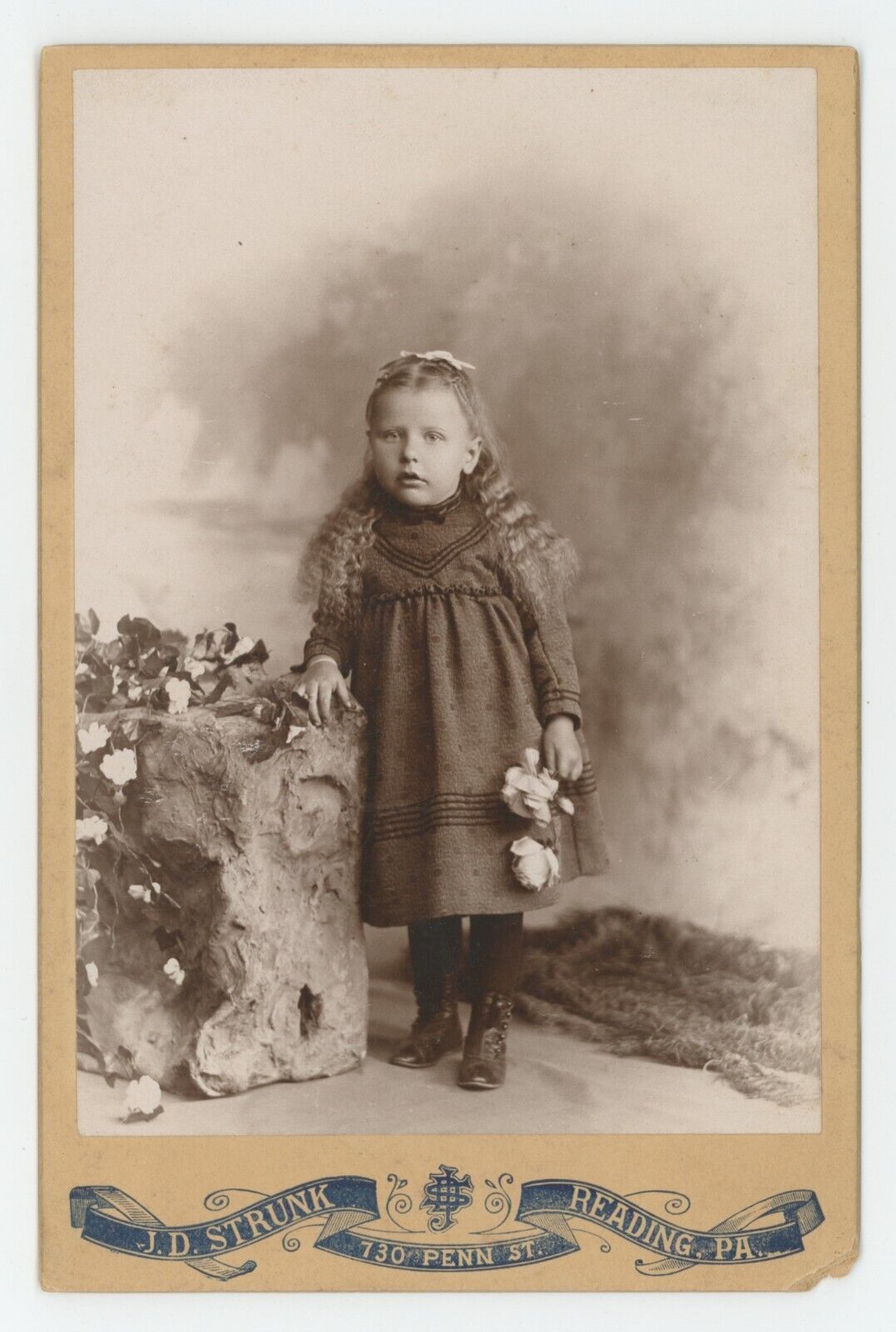 Antique Circa 1890s Cabinet Card Adorable Little Girl Holding Flowers Reading PA