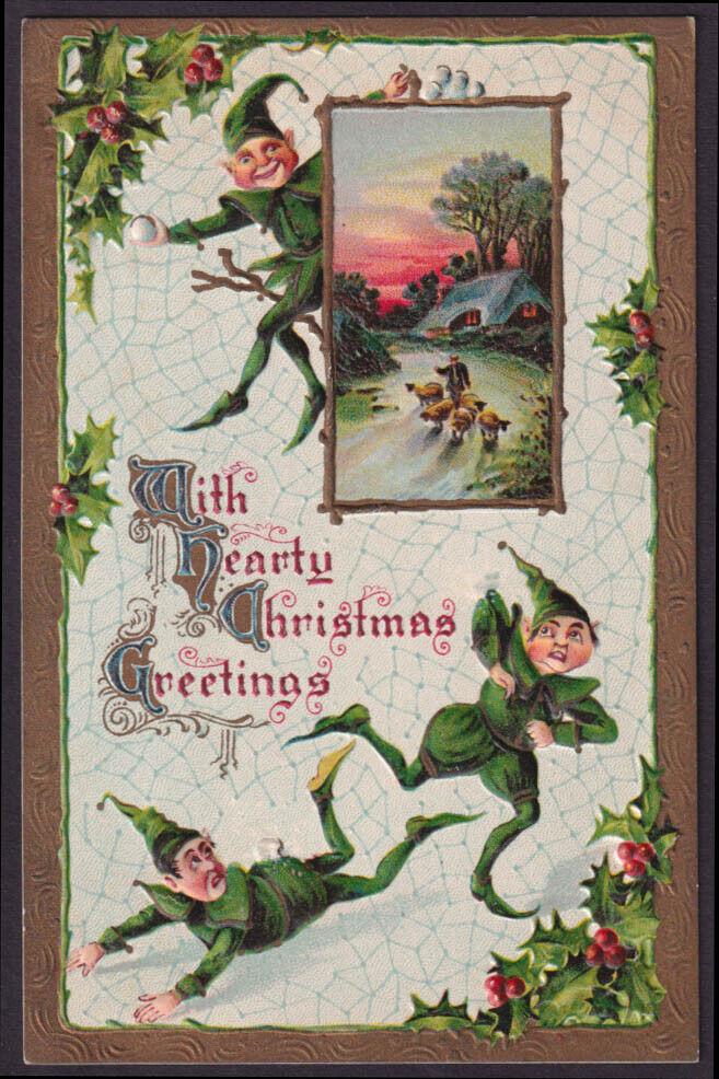 Christmas postcard 1911: Three green-clad elves cavort in spider web