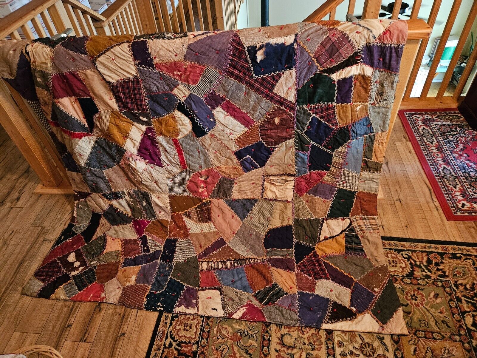 Beautiful Vintage Crazy Quilt. Size 74 inches by 61 inches