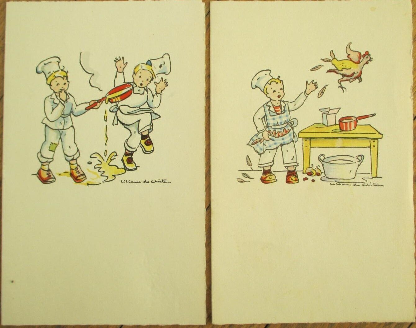 Menu Blank 1930s French Pair, Young Chefs Cooking, Artist Signed