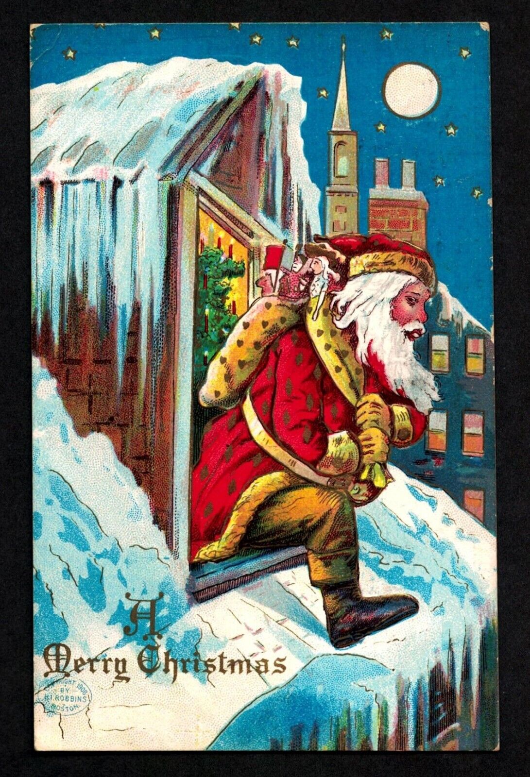 5902 Antique Vintage Christmas Postcard Santa Rooftop Window Moon Ice Snow Toys