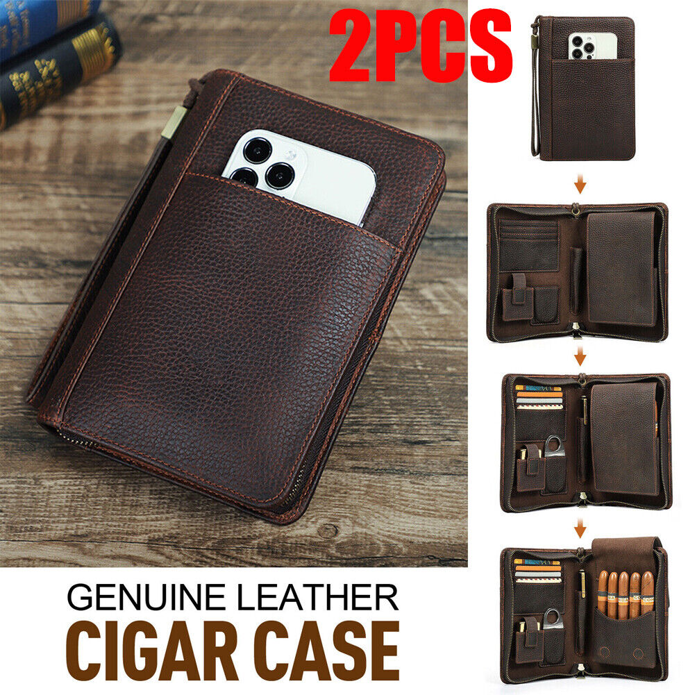 2X Genuine Leather Cigar Case Passport Travel Humidor set Lighter Cutter Pocket