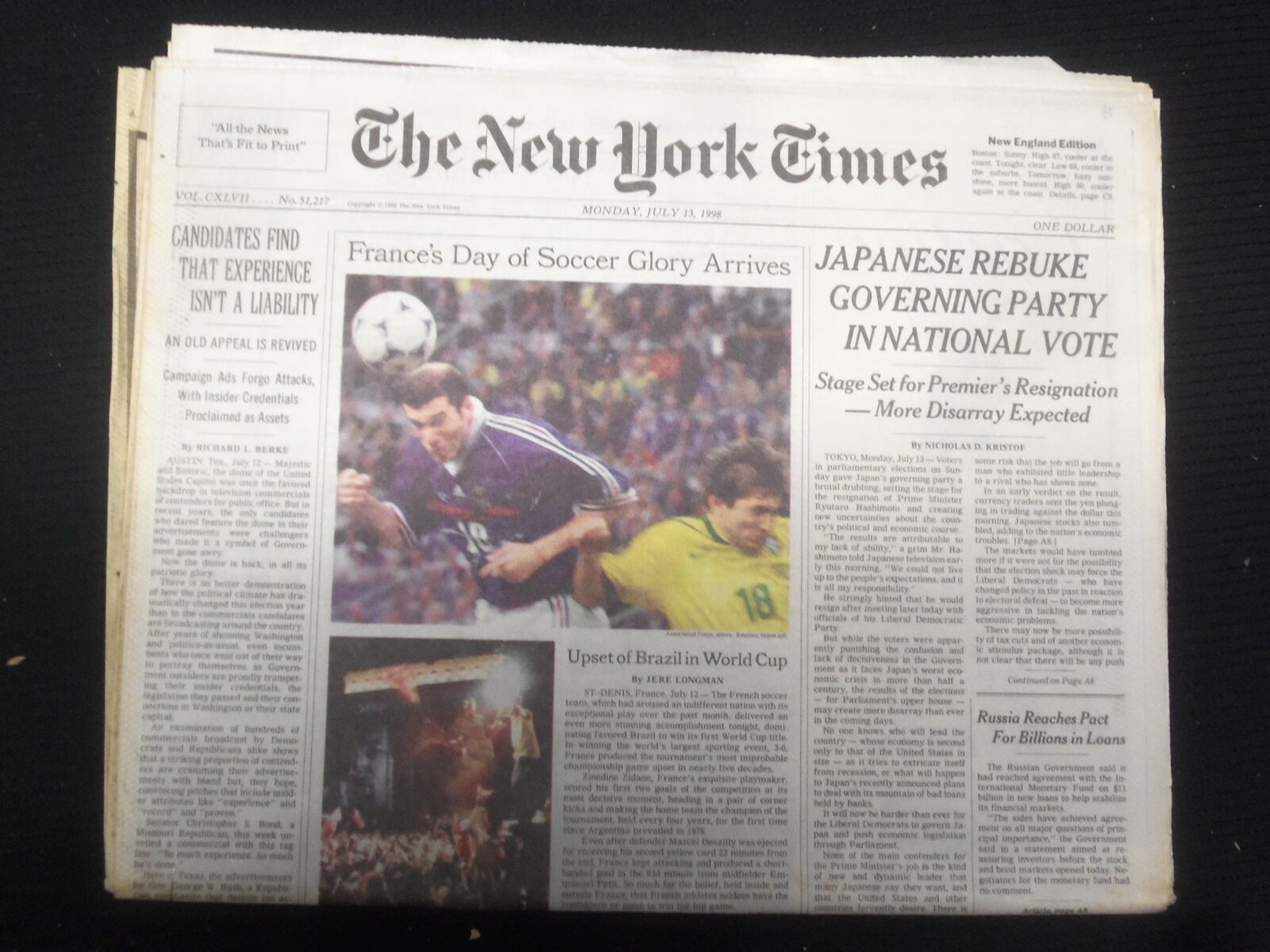 1998 JULY 13 NEW YORK TIMES NEWSPAPER -JAPANESE REBUKE GOVERNING PARTY - NP 7047