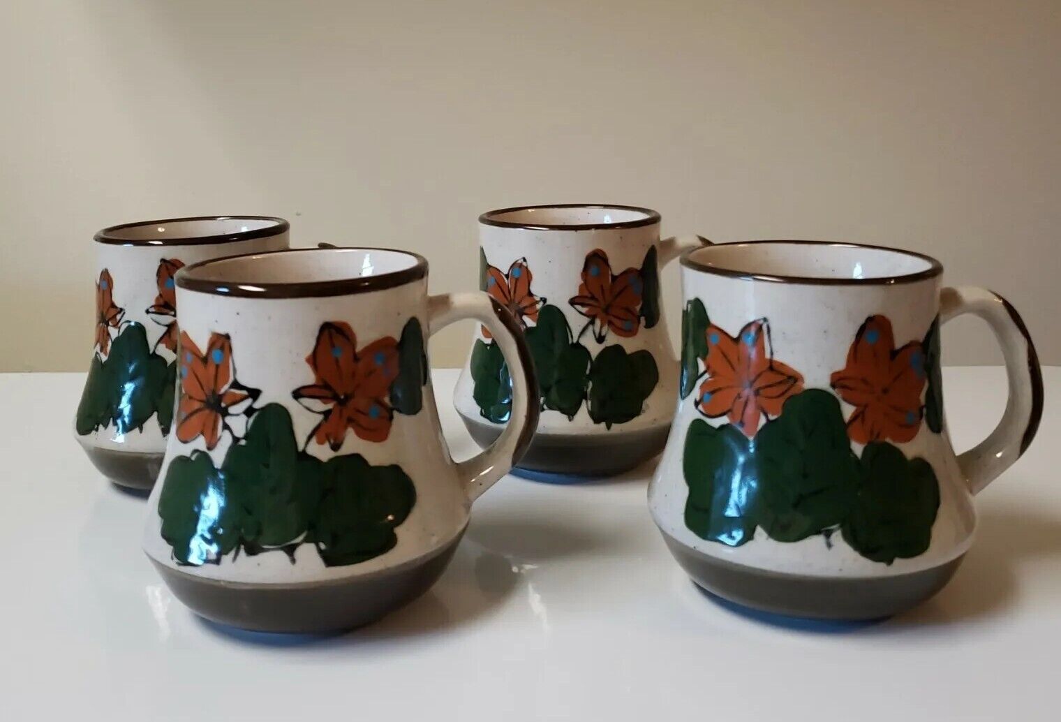 Vintage 1970s Floral Leaves Speckled Stoneware Mugs Set Of 4 Hand Painted Glaze 