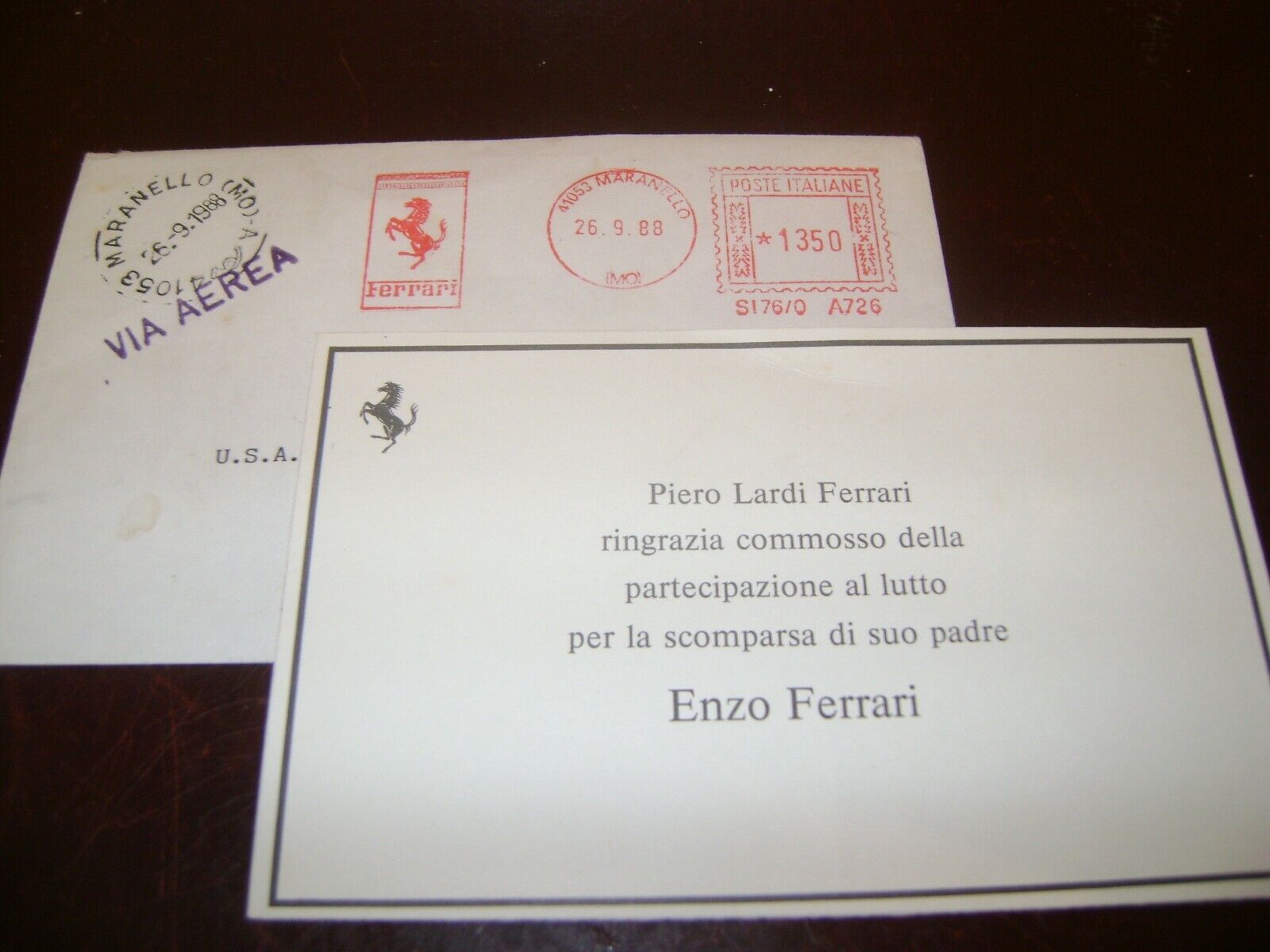 Enzo Ferrari Funeral Card with Post Marked Envelope - 9/26/1988