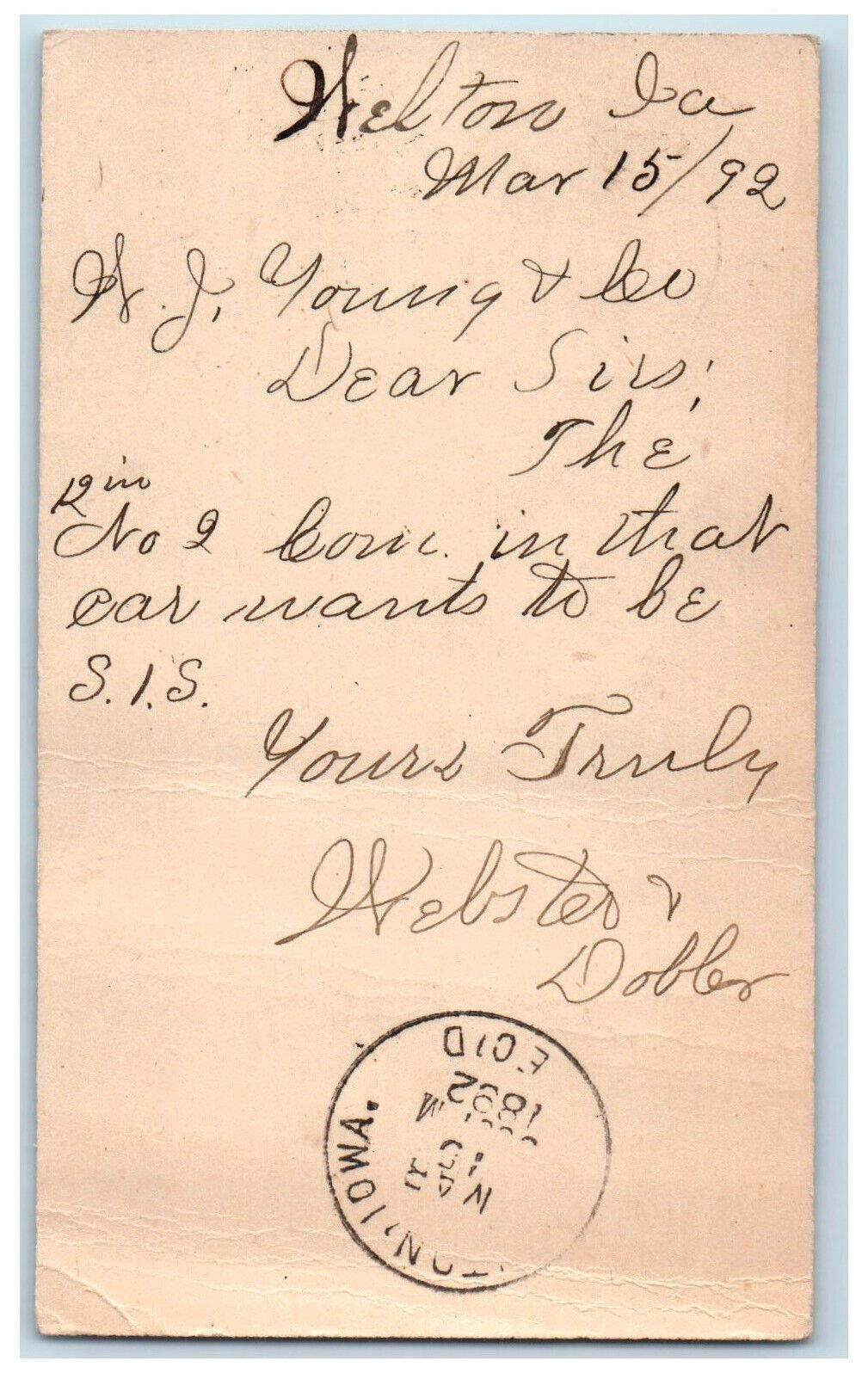 1892 WJ Young & Co. Webster Dobler Clinton IA Welton Iowa IA Postal Card