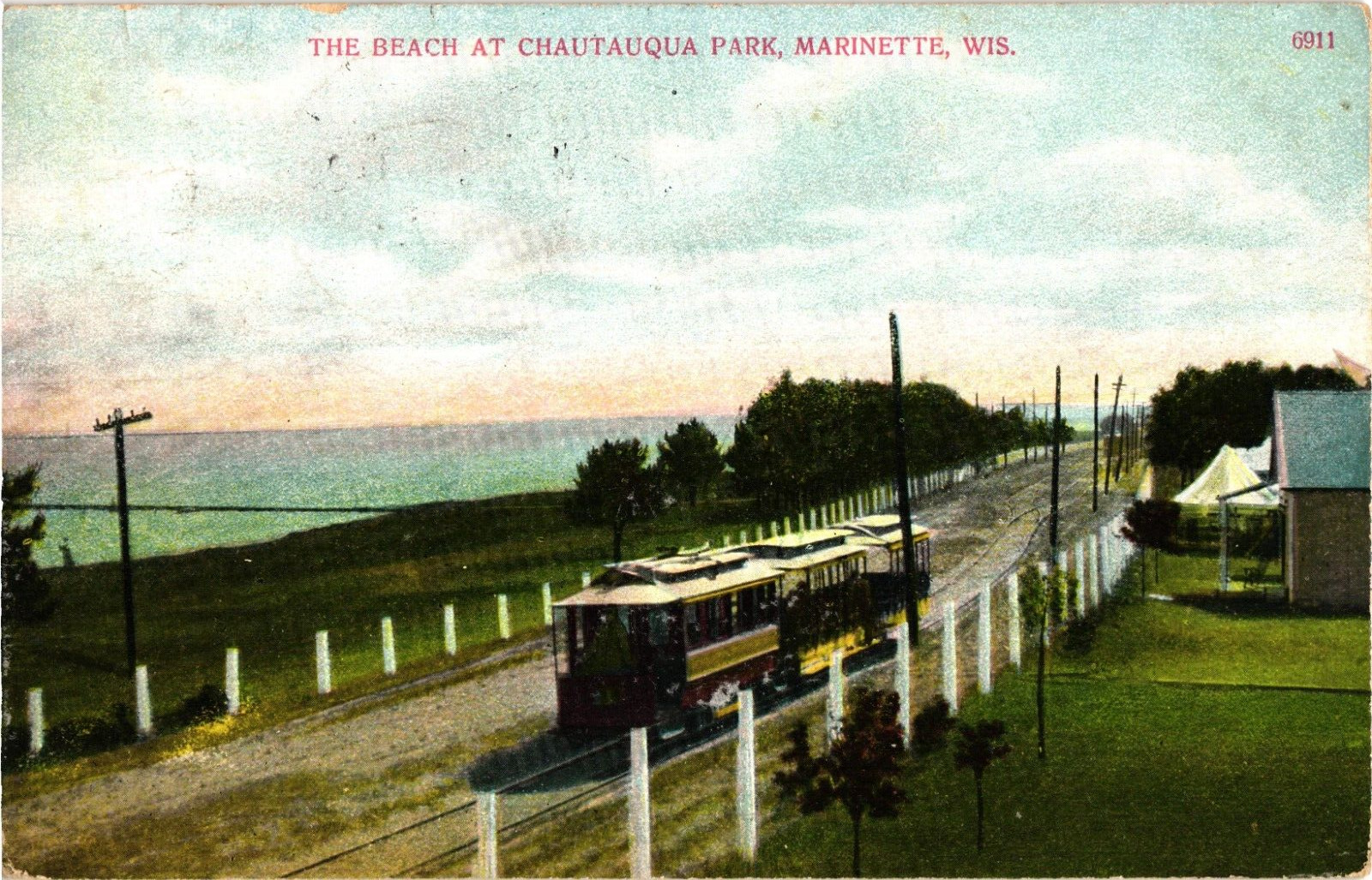 Beach and Trolley at Chautauqua Park Marinette WI Divided Postcard c1910