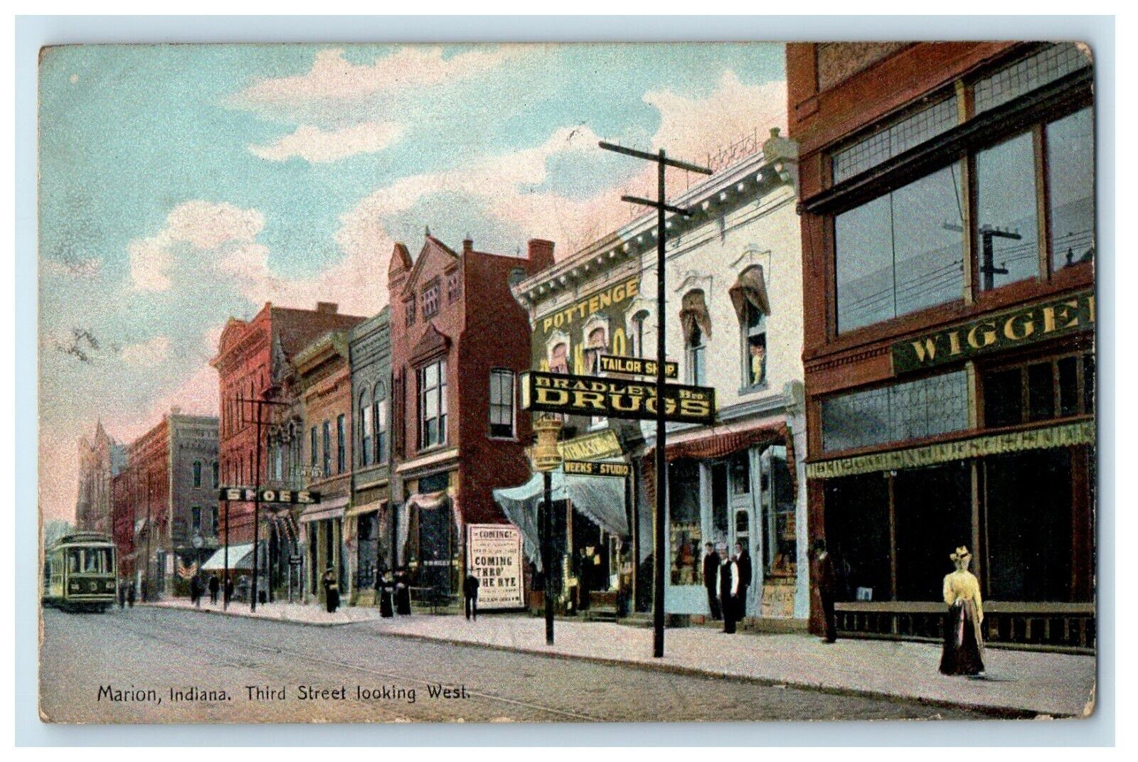 1911 Third Street Looking West Trolley Marion Indiana IN Posted Antique Postcard