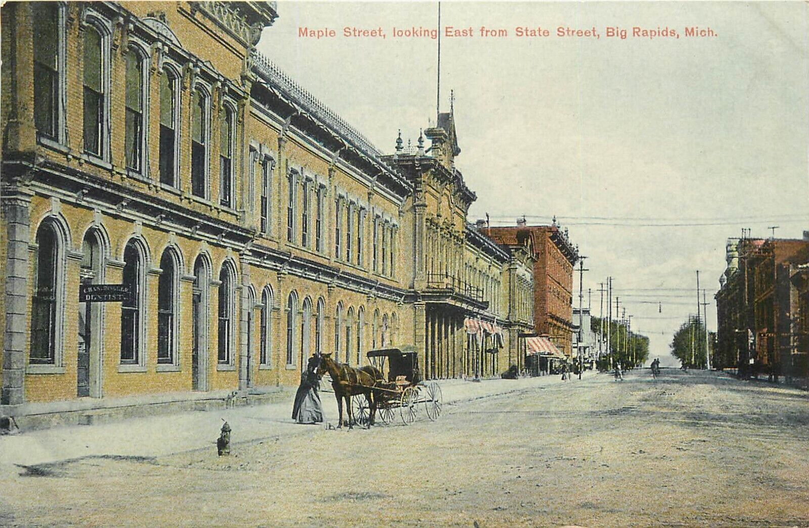 c1909 Postcard; Maple Street  East from State St, Big Rapids MI Mecosta County