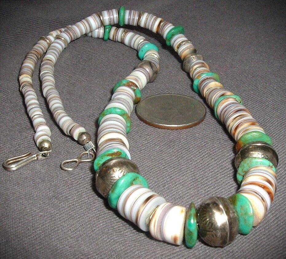 INCREDIBLE OLD, SANTO DOMINGO NECKLACE, STERLING SILVER BENCH BEADS & TURQUOISE
