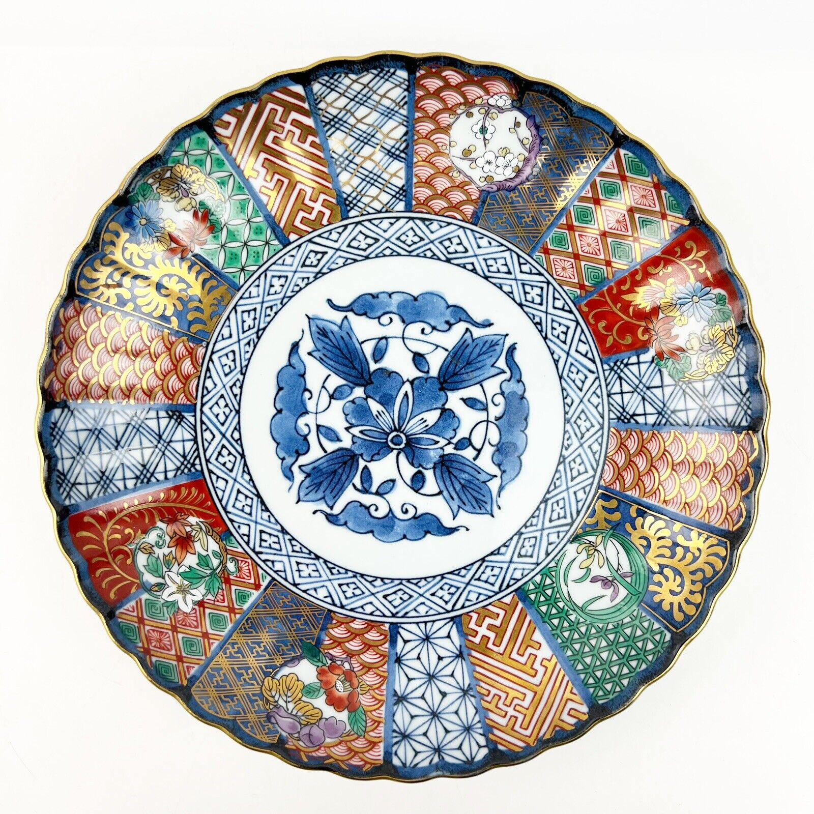 Vtg 9” Japanese Sanyo Toki Ryu-ho Porcelain Plate Scallop Blue Red Gold Mark