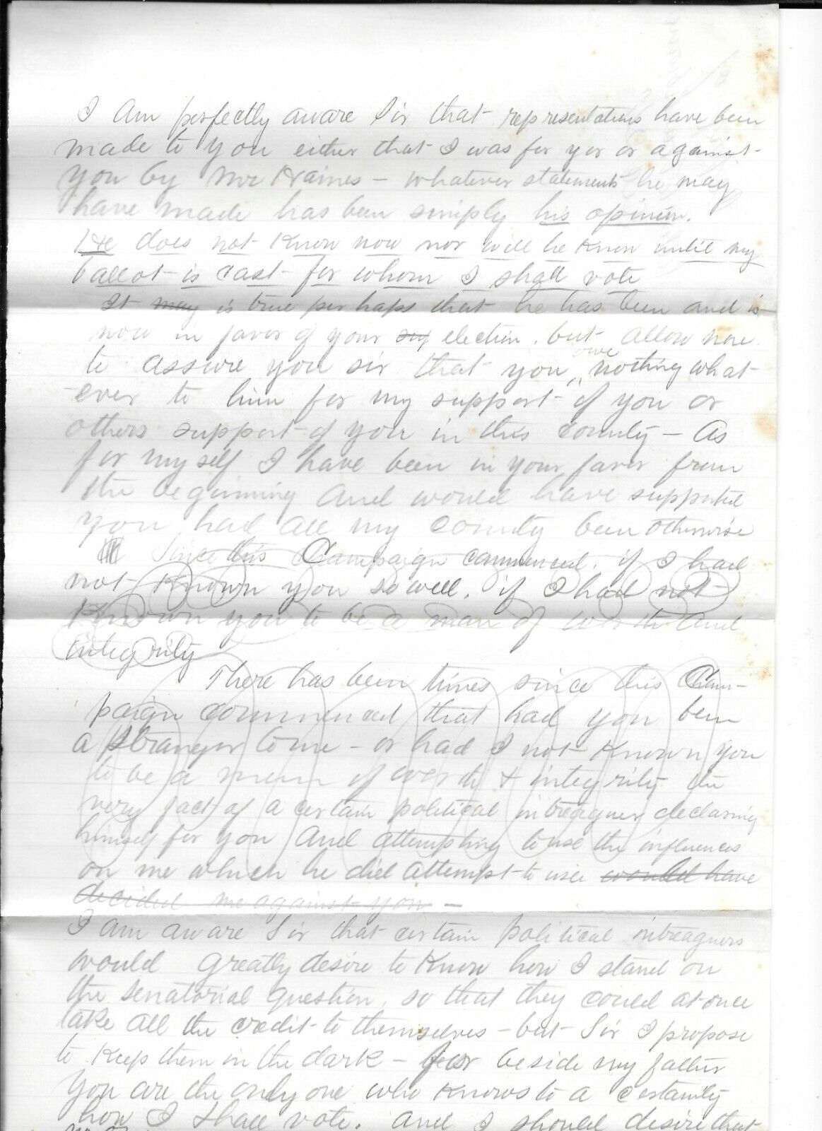 Vintage Handwritten Notes from GENERAL PAYNE re EB WASHBURNE Senate Election