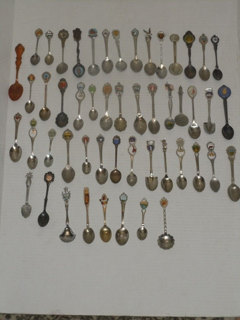 VINTAGE LOT OF (100) SILVER PLATE STAINLESS SOUVENIR SPOONS FROM ALL OVER NICE