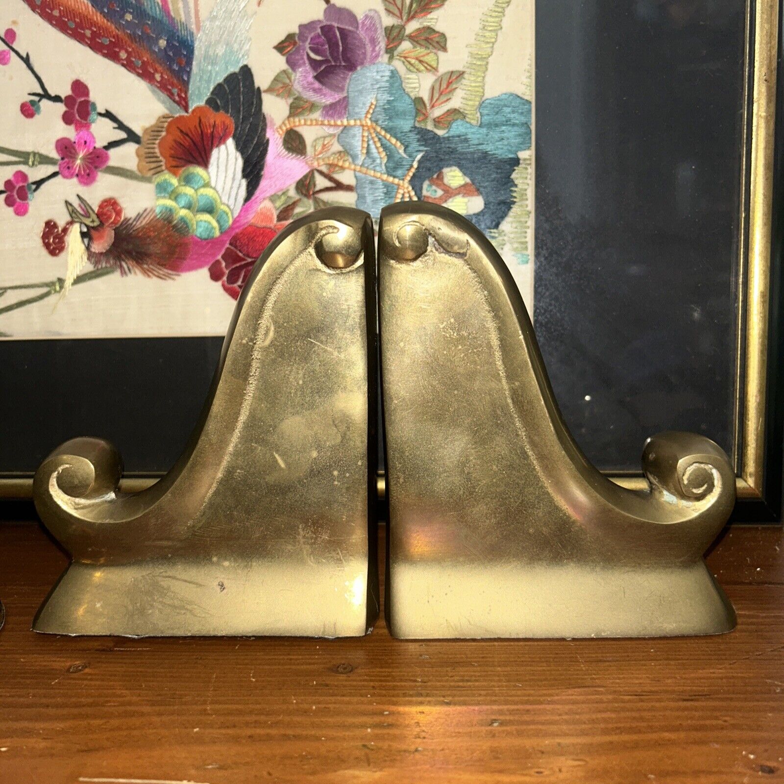 Vtg Solid Brass Scroll Wave Bookends MCM Library Office Neoclassical W3