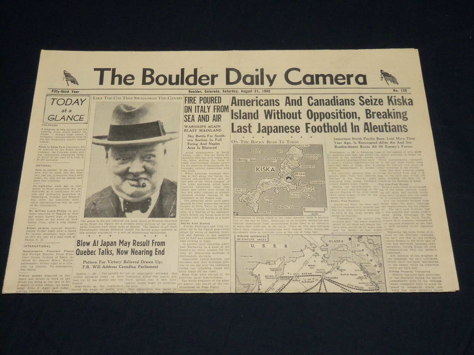 1943 AUGUST 21 THE BOULDER DAILY CAMERA NEWSPAPER - SEIZE KISKA ISLAND - NP 4518