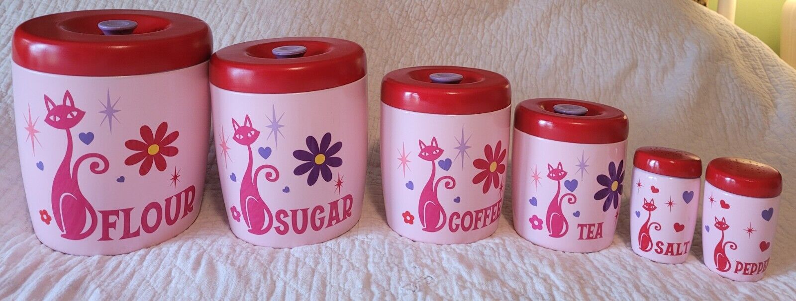 Vintage Pink &Red  REPURPOSED West Bend Canisters W/ S&P Shakers MCM Cat Decals