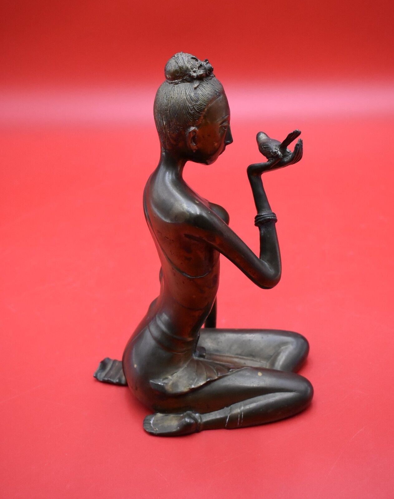 Beautiful Rare Bronze Of Mesmerizing Asian Woman Holding Bird Sculpture ~ Statue