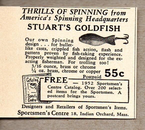 1952 Print Ad Stuart\'s Goldfish Fishing Lures Indian Orchard,MA