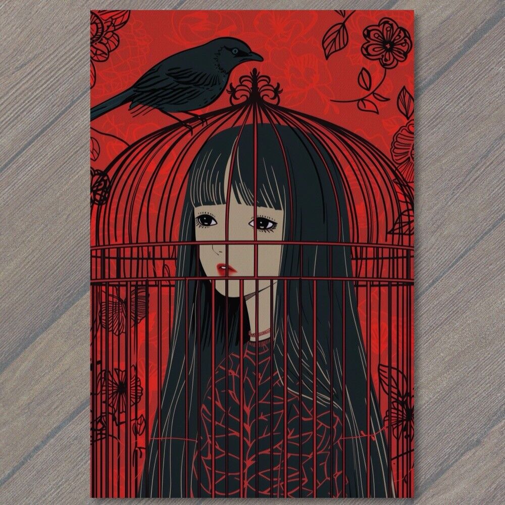 POSTCARD Girl Trapped In Bird Cage Long Hair Weird Unusual Hopelessness Feeling