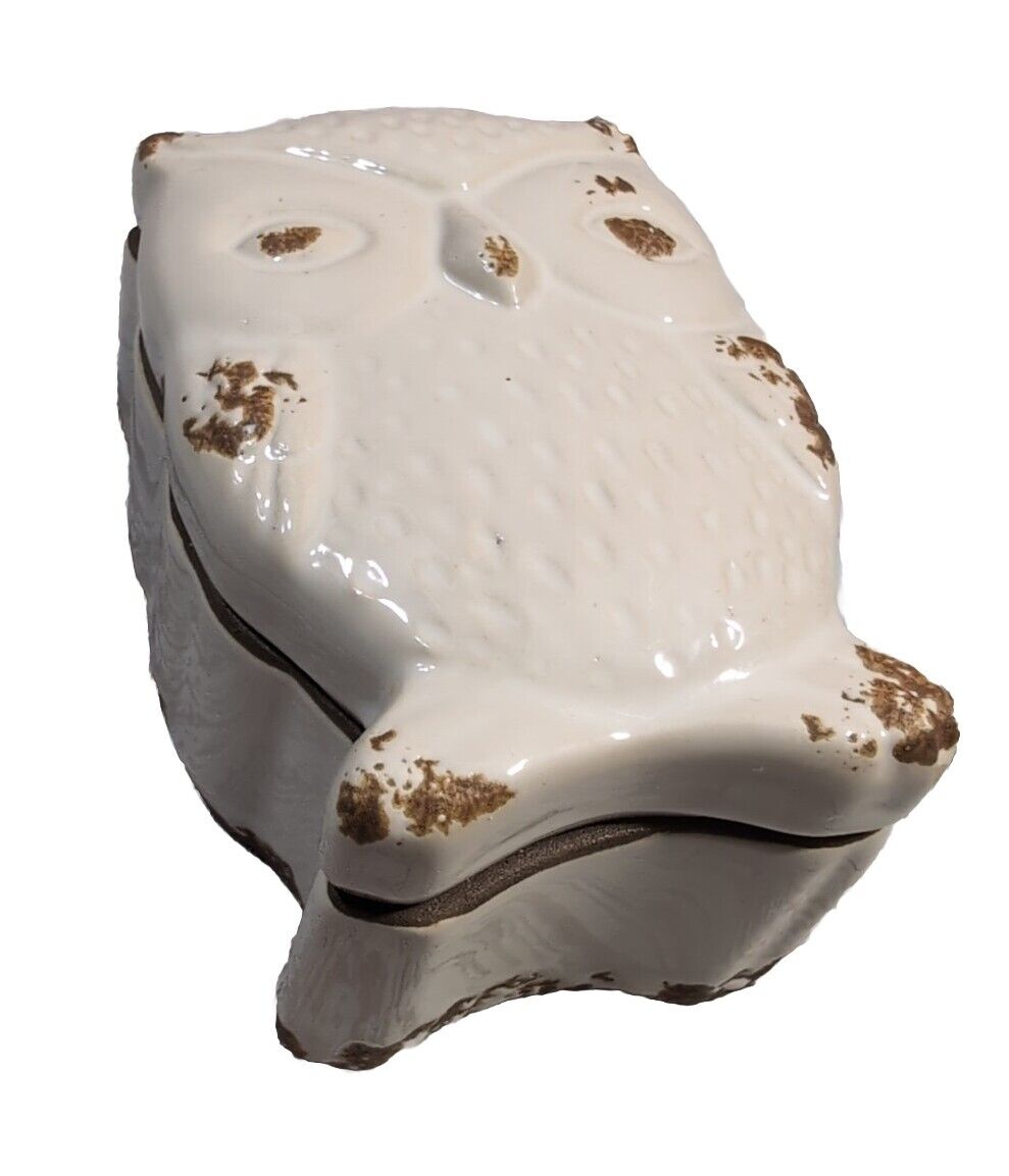 Rare Ceramic Owl Trinket Box STONEBRIAR Worn White 4\
