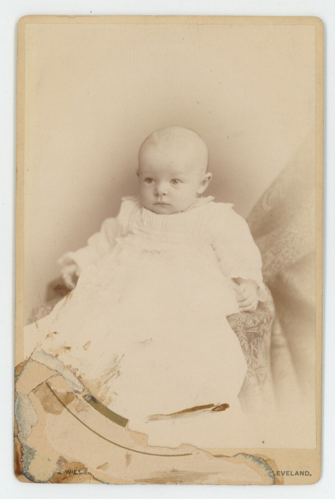 Antique c1880s Cabinet Card Adorable Little Baby in White Dress Cleveland, OH